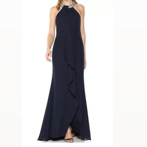 Calvin Klein Navy Maxi Chiffon Beaded Halter Gown